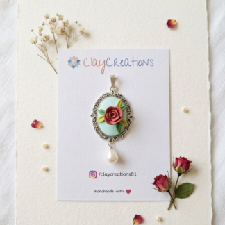Red Rose Pendant with Pearl Drop