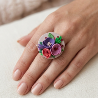 Delicate floral ring with hand-sculpted flower cluster in polymer clay