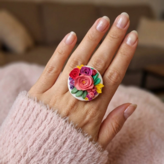 Floral ring with hand-shaped rose and leaf cluster in polymer clay, adjustable band