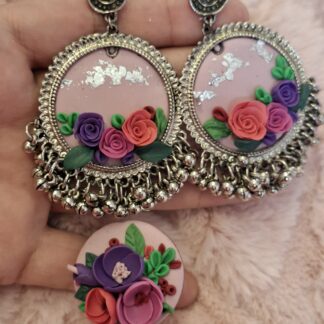 Floral jhumka earrings with matching ring, hand-shaped polymer clay with floral detailing