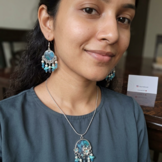 Midnight blue pendant with matching hanging earrings, hand-painted indigo polymer clay