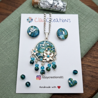 Midnight blue matching jewellery set with hand-painted indigo polymer clay florals
