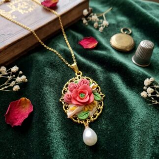 Pearl blossom pendant and stud earring set, hand-shaped polymer clay flowers with a dangling pearl