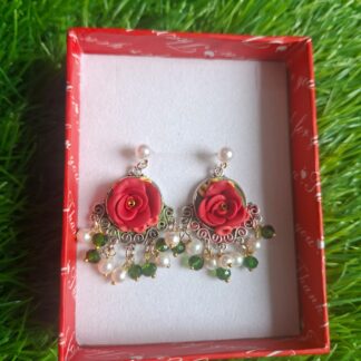Royal blue polymer clay jhumka earrings with hand-painted linework