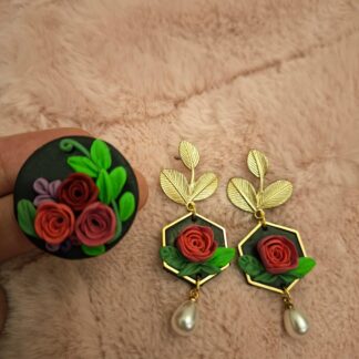 Sweetheart bloom earrings and matching ring, hand-shaped pink polymer clay flowers