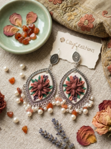 Handmade Maroon Floral Polymer Clay Jhumkas