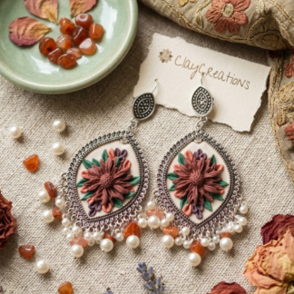 Handmade Maroon Floral Polymer Clay Jhumkas