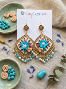 Exquisite Handmade Blue Artisan Polymer Clay Jhumkas