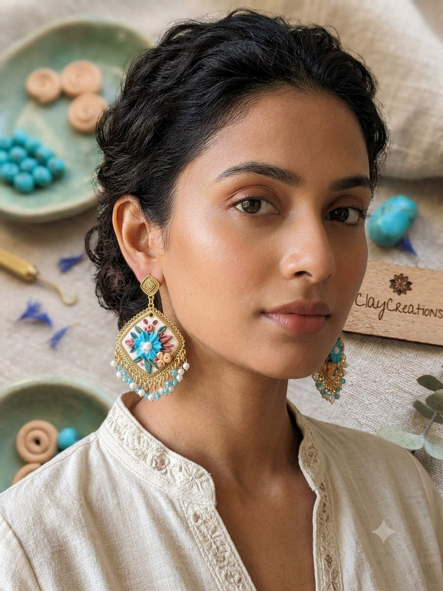 Exquisite Handmade Blue Artisan Polymer Clay Jhumkas - Image 2