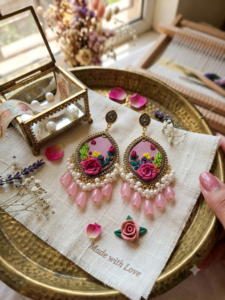 Exquisite handmade pink floral polymer clay jhumkas
