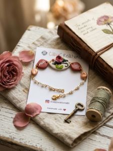 Handmade Rose Cameo Bracelet - Pearl Chain & Inscribed Artisan Clay