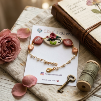 Handmade Rose Cameo Bracelet - Pearl Chain & Inscribed Artisan Clay