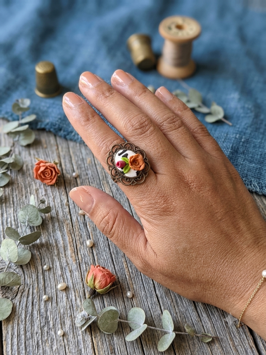 Orange Rose & Pink Tulip in Vintage Bronze Filigree - Image 3