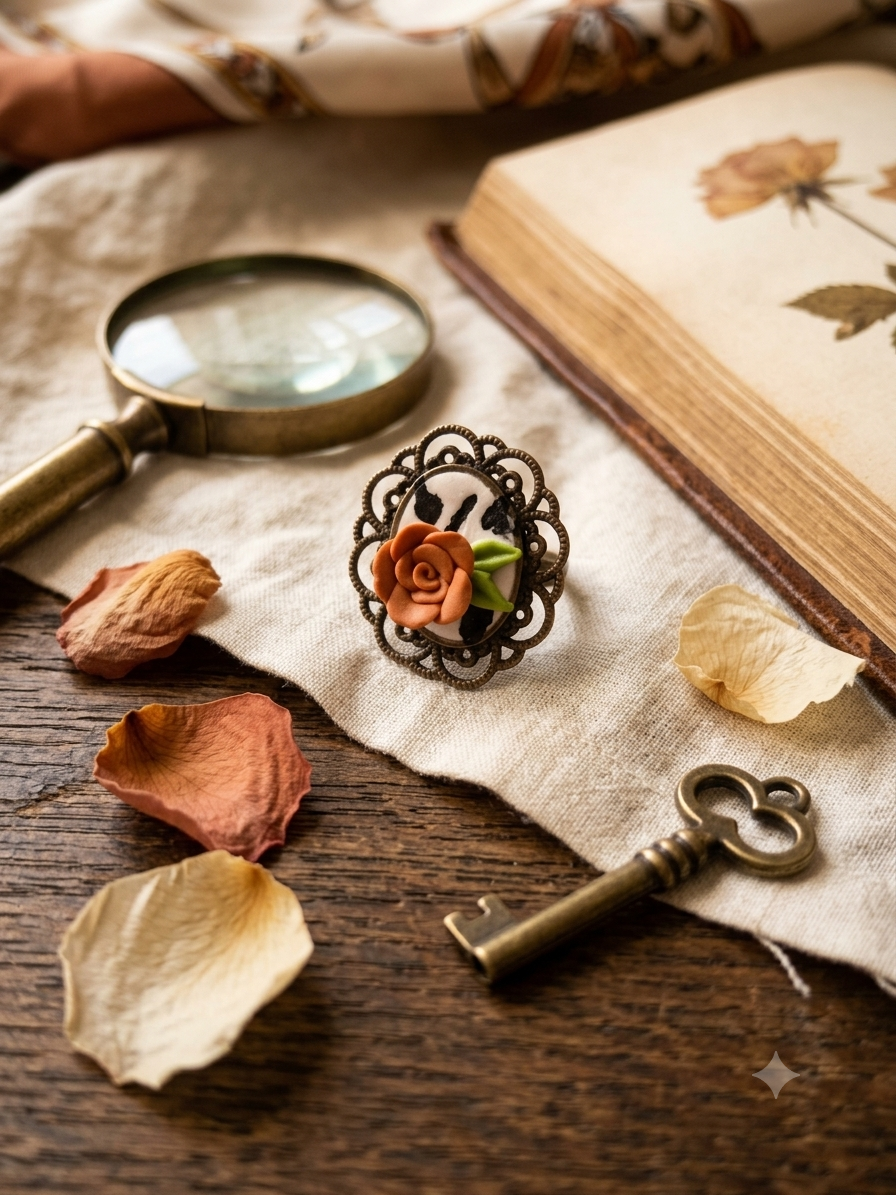 Handmade 3D Terracotta Rose Cameo Ring - Vintage Bronze Filigree