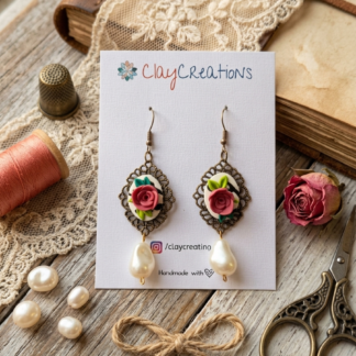 Handmade 3D Pink Rose Cameo Earrings - Vintage Bronze Filigree with Pearl Drops