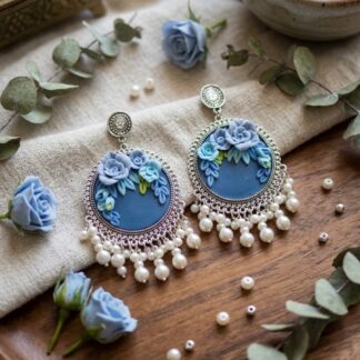 Blue Floral Jhumkas | Silver-Toned Pearl Drop Earrings