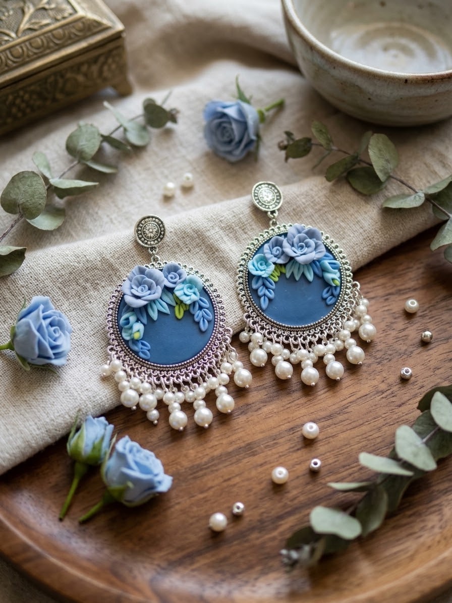 Blue Floral Jhumkas | Silver-Toned Pearl Drop Earrings
