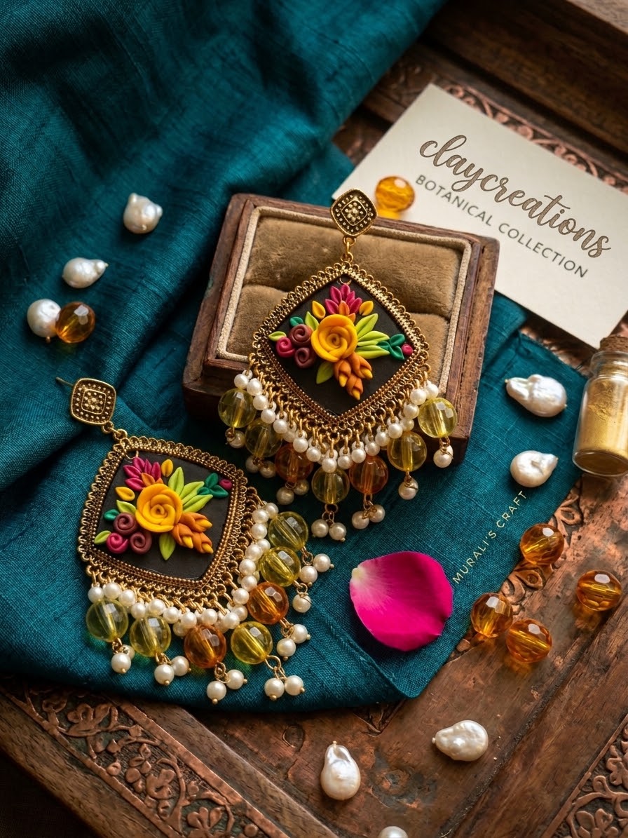 Handcrafted Black Floral Clay Jhumkas with Pearl Danglers | ClayCreations - Image 2