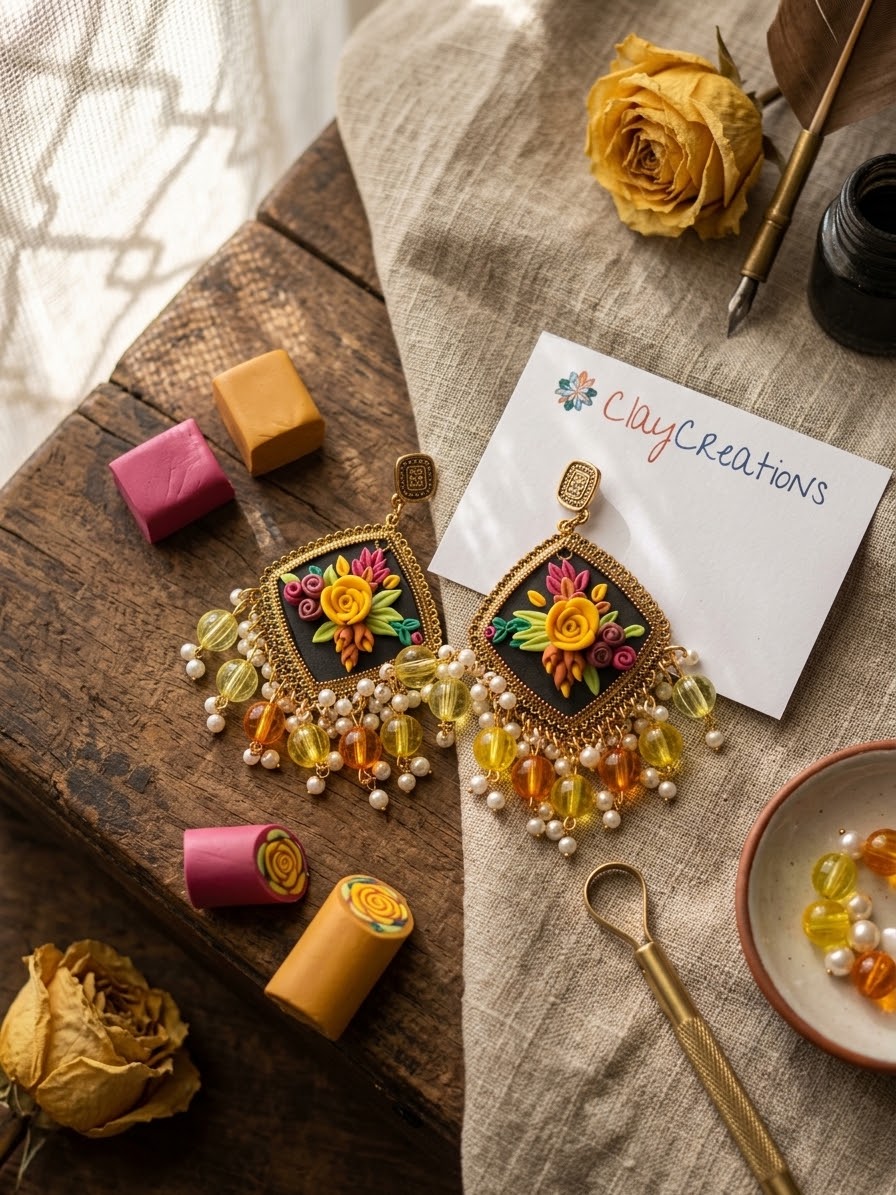 Handcrafted Black Floral Clay Jhumkas with Pearl Danglers | ClayCreations