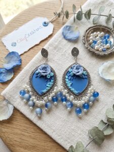 Blue Floral Clay Jhumkas with Pearl Danglers | ClayCreations