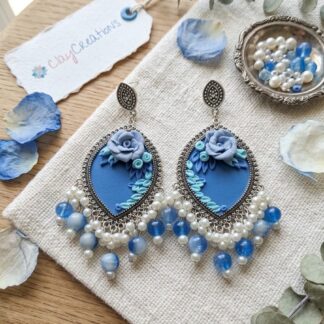 Blue Floral Clay Jhumkas with Pearl Danglers | ClayCreations