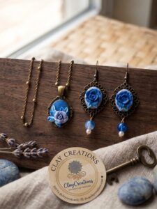 Vintage-Inspired Blue Rose Clay Jewelry Set – Necklace & Earrings | ClayCreations