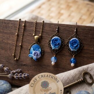 Vintage-Inspired Blue Rose Clay Jewelry Set – Necklace & Earrings | ClayCreations