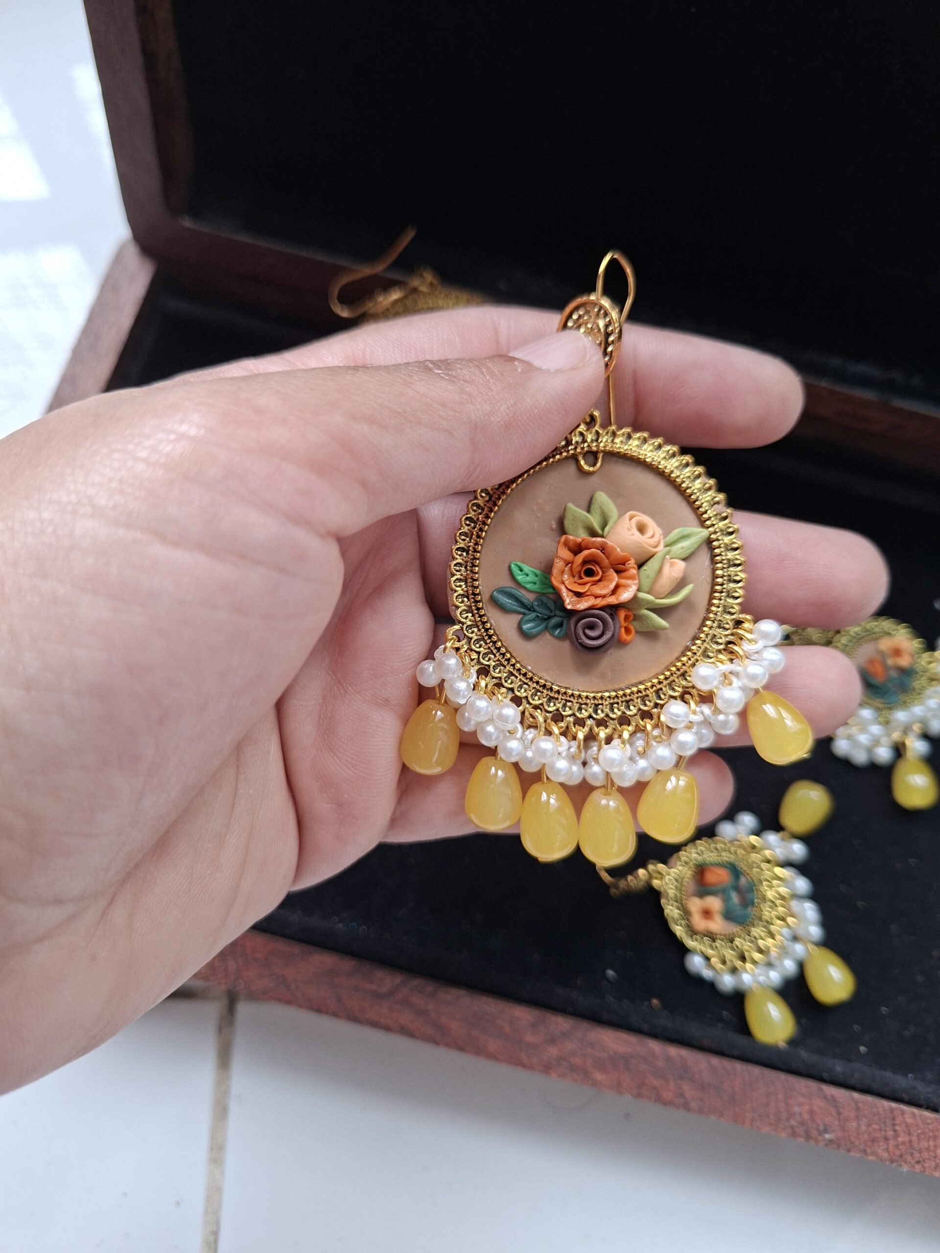 Boho Floral Jhumkas in Mustard Yellow & Gold - Image 6