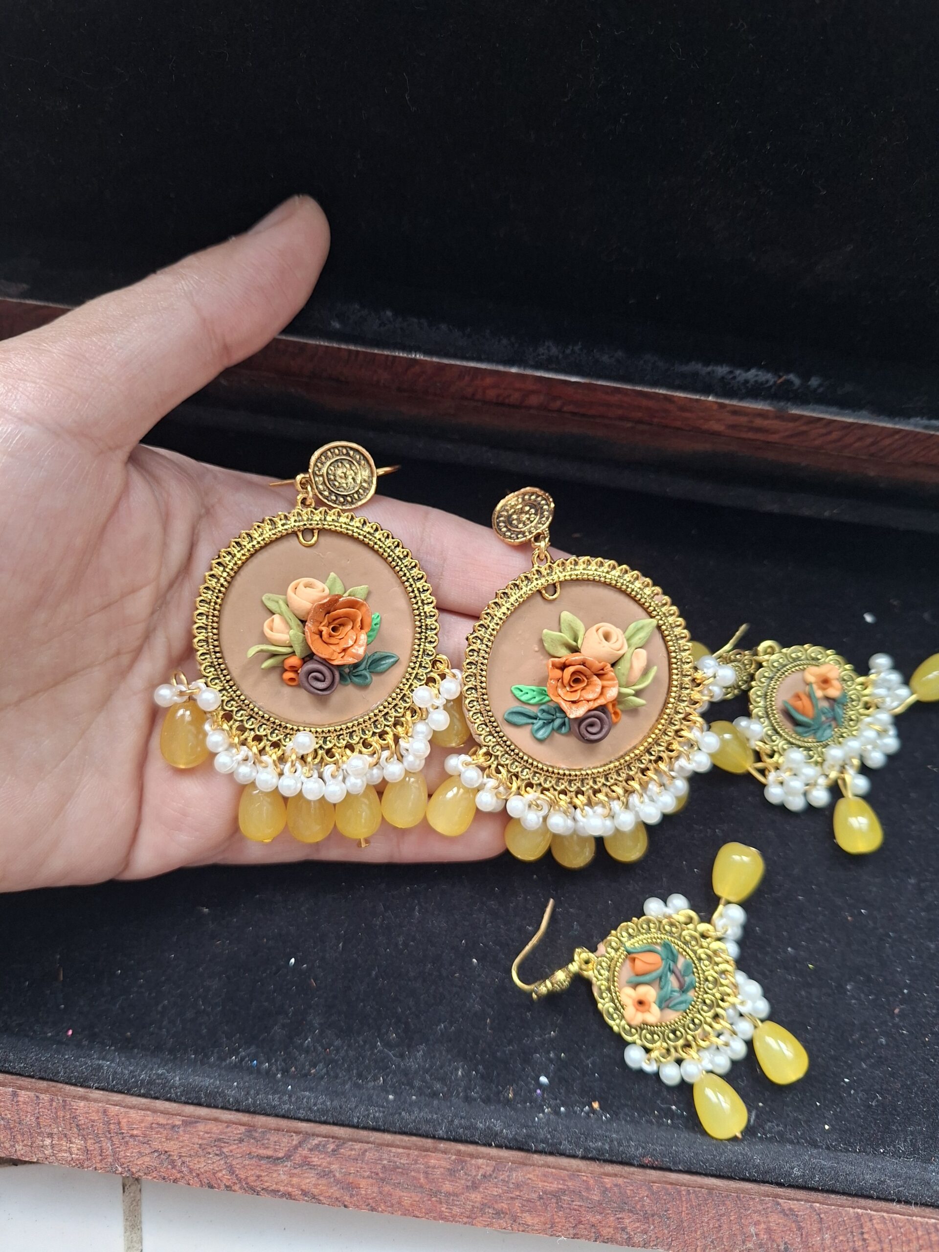Boho Floral Jhumkas in Mustard Yellow & Gold - Image 2