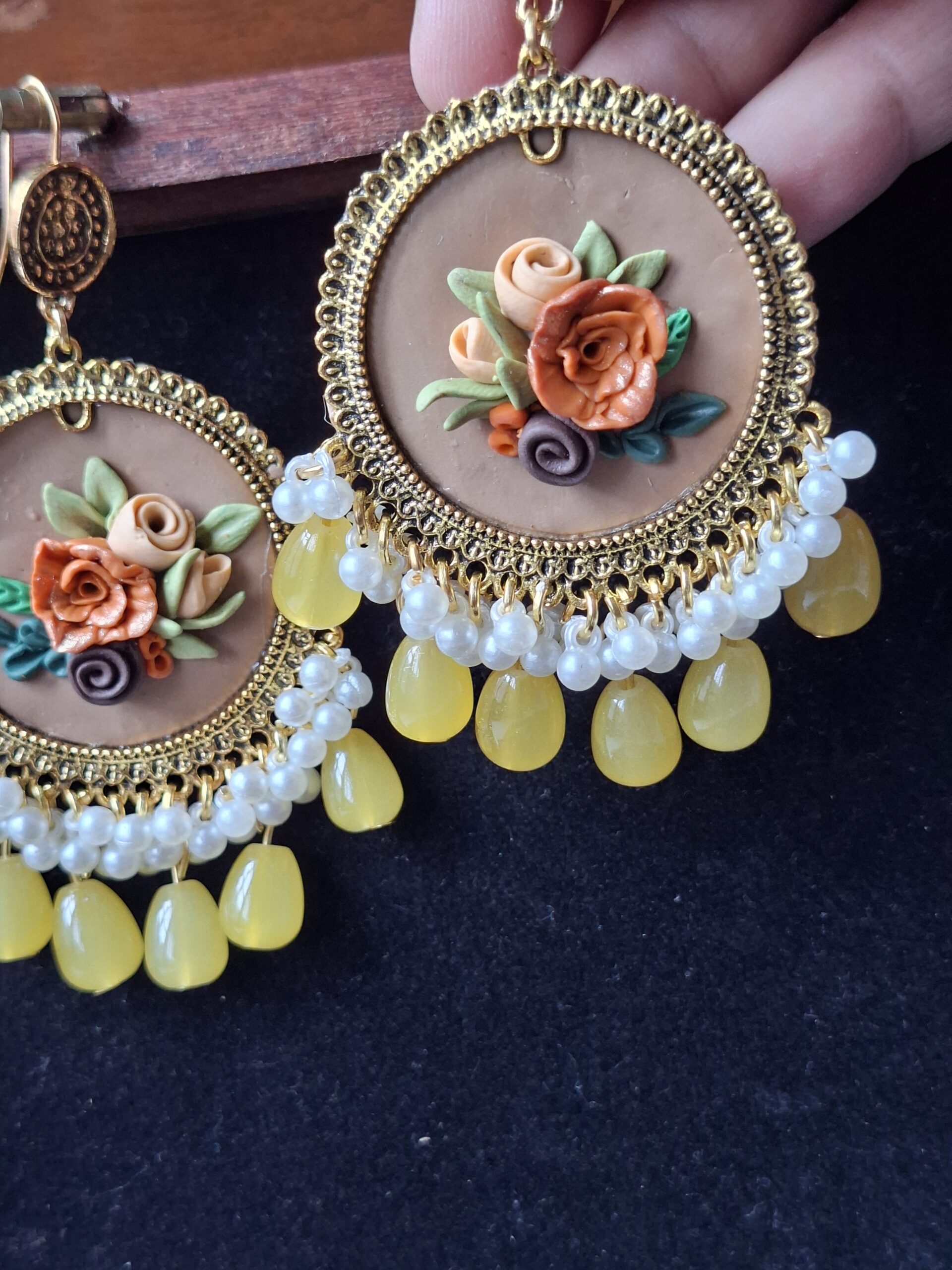 Boho Floral Jhumkas in Mustard Yellow & Gold - Image 3