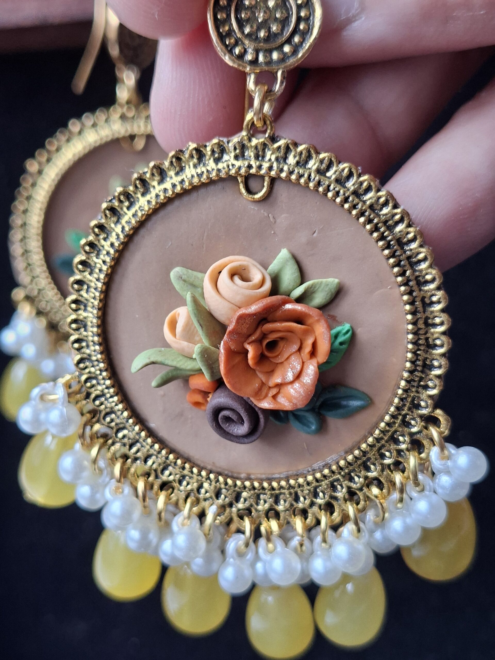 Boho Floral Jhumkas in Mustard Yellow & Gold - Image 4