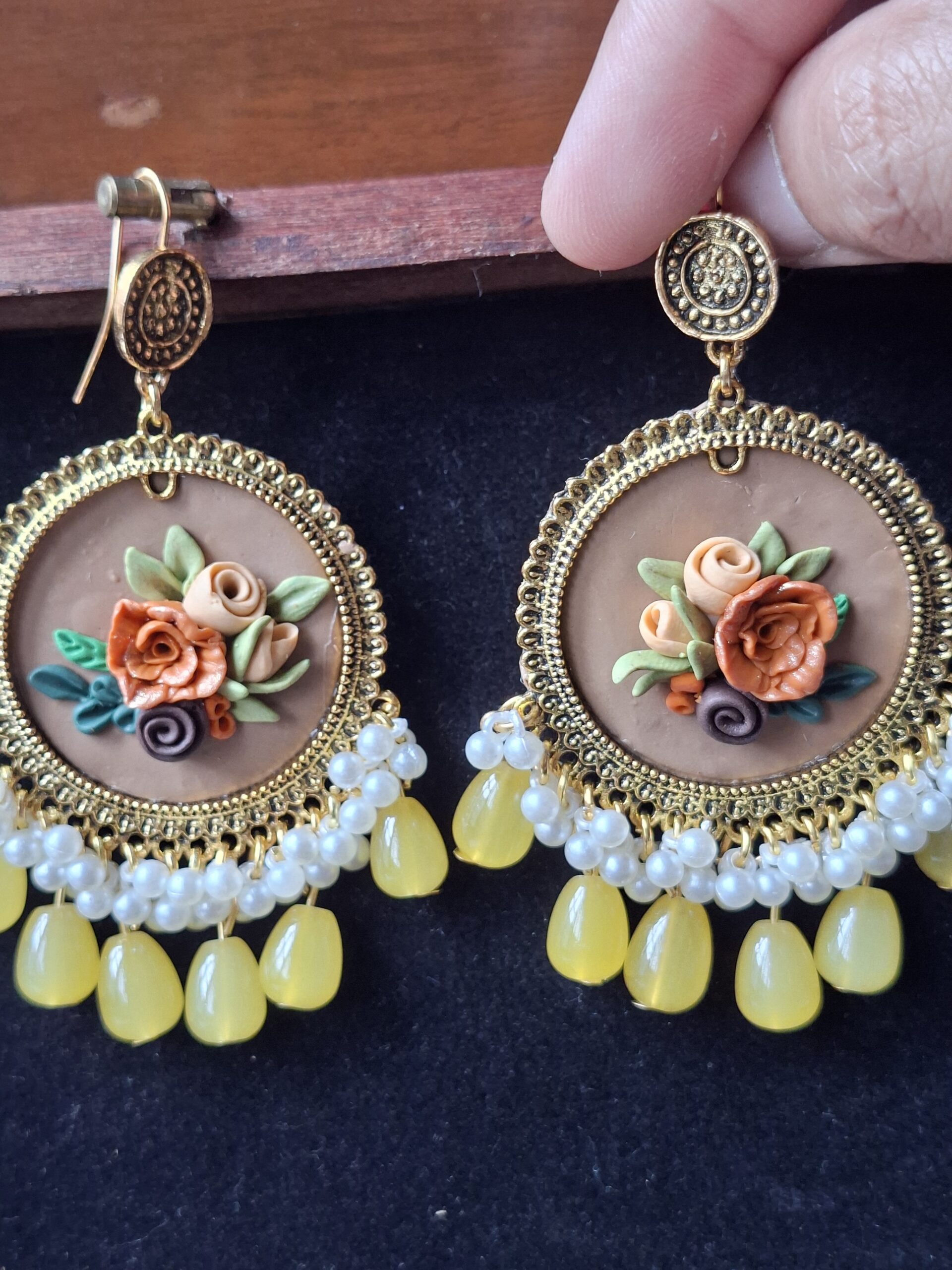 Boho Floral Jhumkas in Mustard Yellow & Gold - Image 5