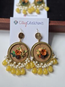Boho Floral Jhumkas in Mustard Yellow & Gold