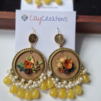Boho Floral Jhumkas in Mustard Yellow & Gold