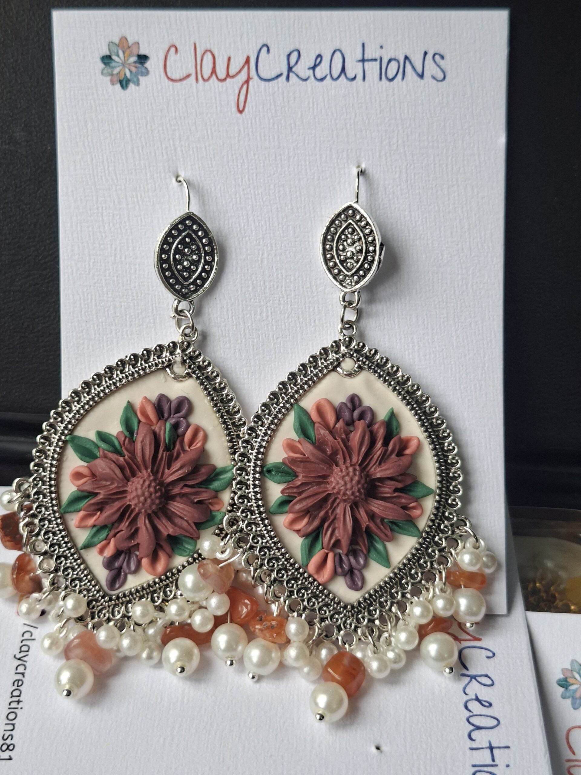 Handmade Maroon Floral Polymer Clay Jhumkas - Image 5