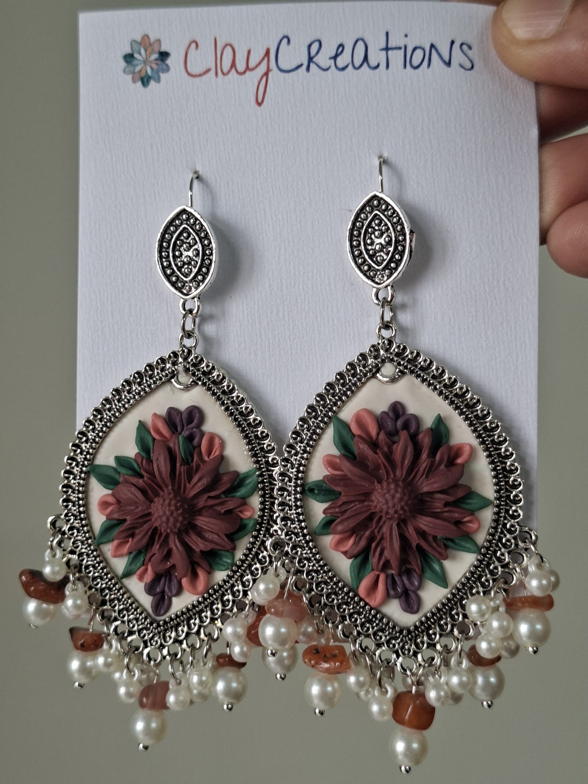 Handmade Maroon Floral Polymer Clay Jhumkas - Image 4