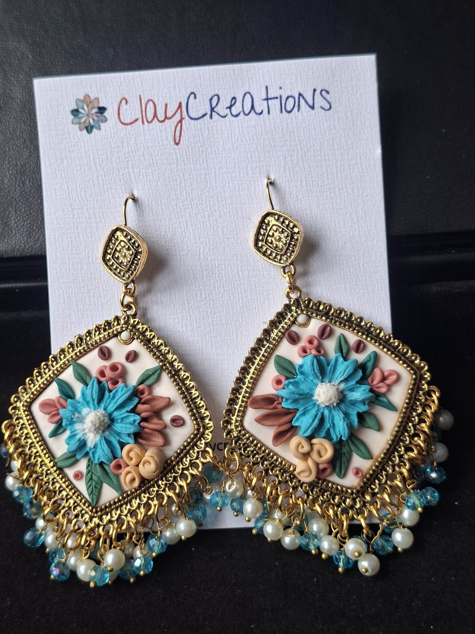 Exquisite Handmade Blue Artisan Polymer Clay Jhumkas - Image 4