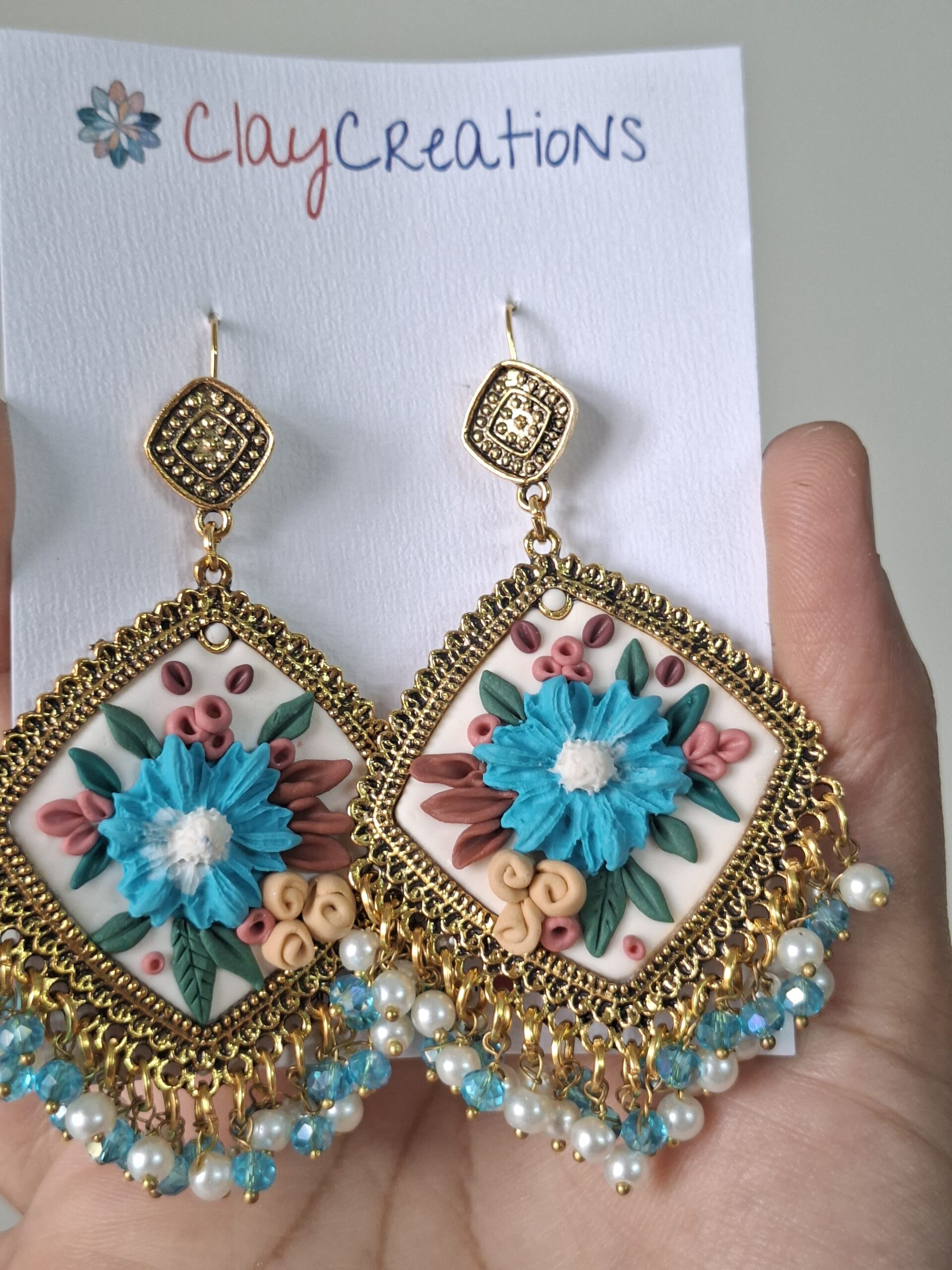 Exquisite Handmade Blue Artisan Polymer Clay Jhumkas - Image 5