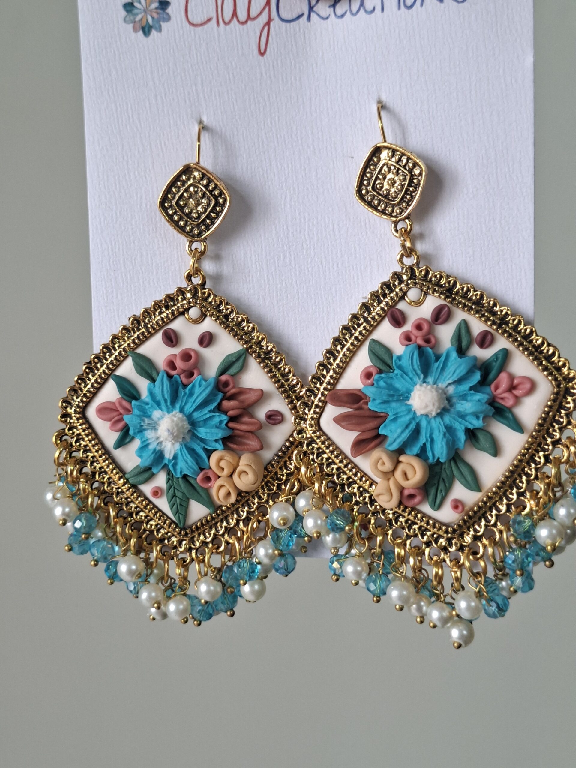 Exquisite Handmade Blue Artisan Polymer Clay Jhumkas - Image 3