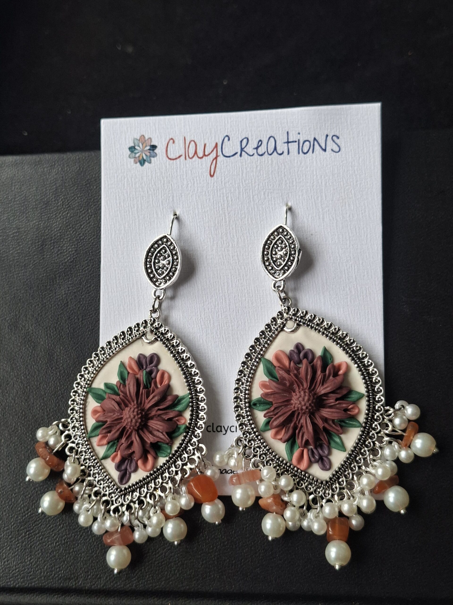 Handmade Maroon Floral Polymer Clay Jhumkas - Image 2