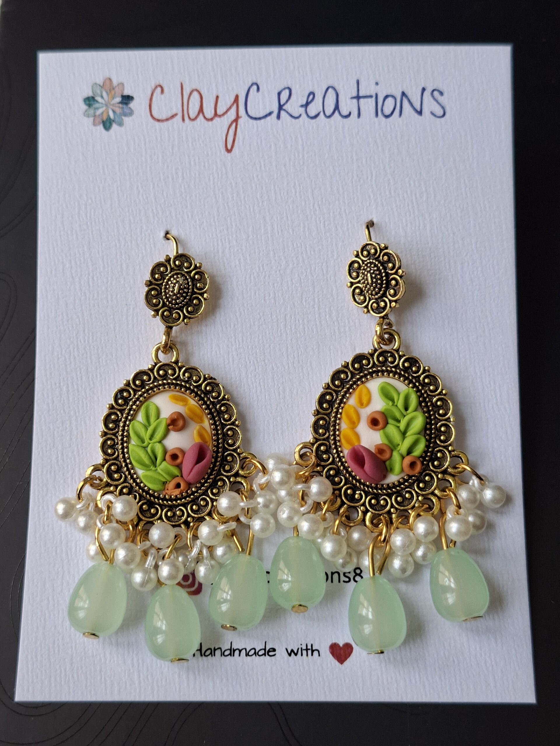 Handcrafted Mint Green Polymer Clay Jhumkas - Image 2