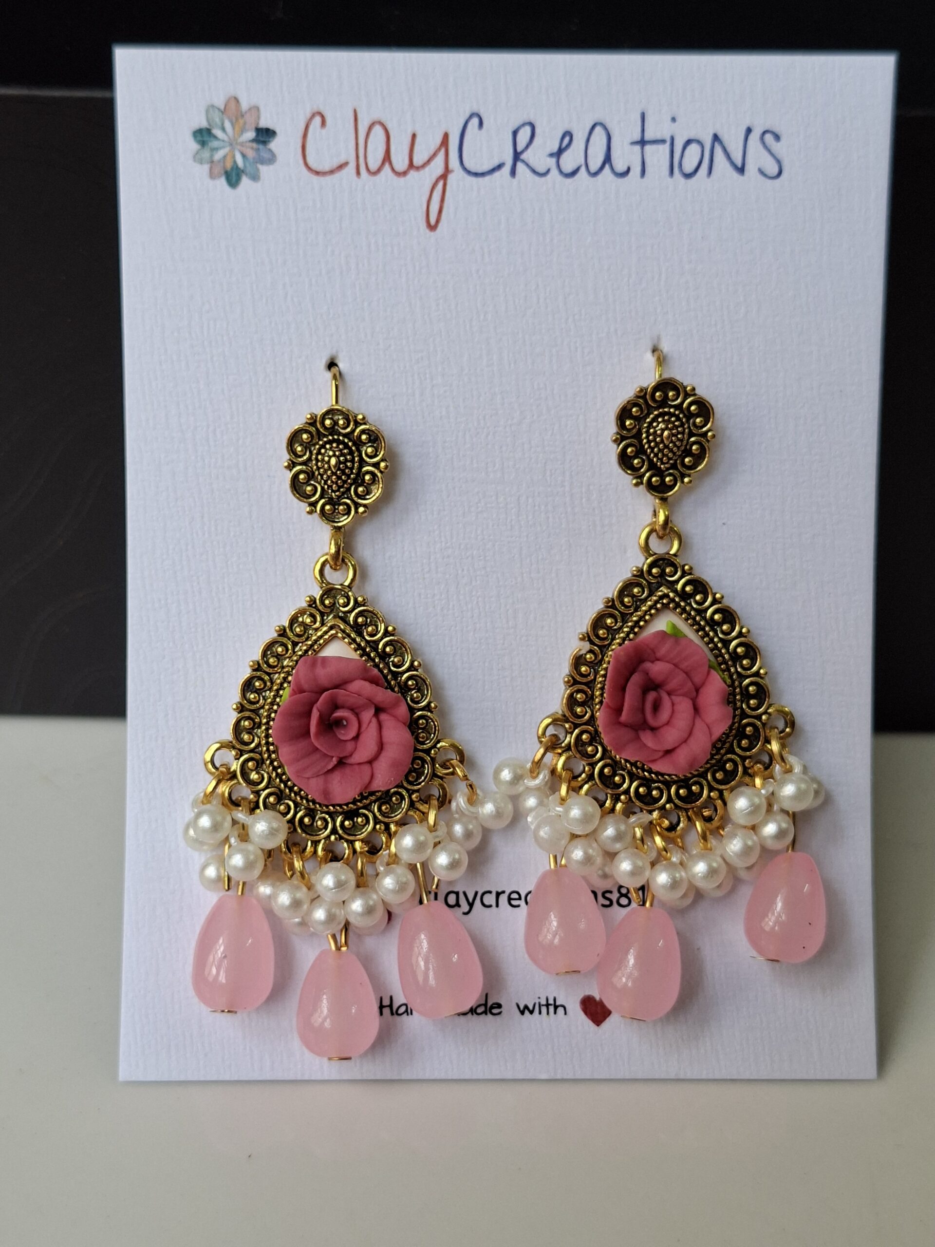 Handmade Mini Pink Rose Polymer Clay Jhumkas - Image 2