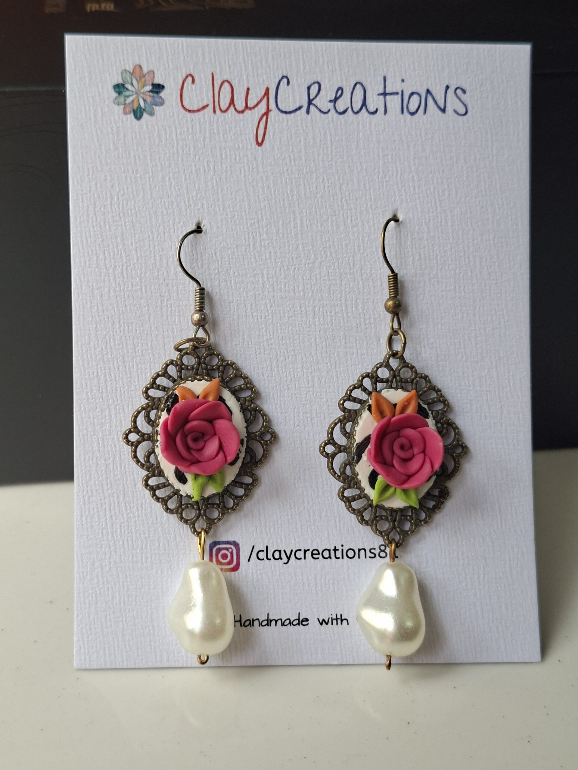 Handmade 3D Pink Rose Cameo Earrings - Vintage Bronze Filigree with Pearl Drops - Image 2