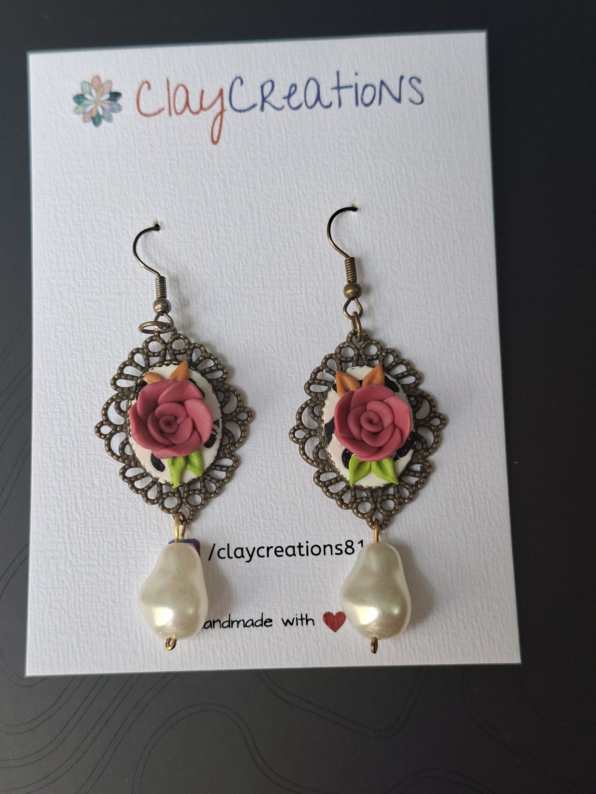 Handmade 3D Pink Rose Cameo Earrings - Vintage Bronze Filigree with Pearl Drops - Image 3