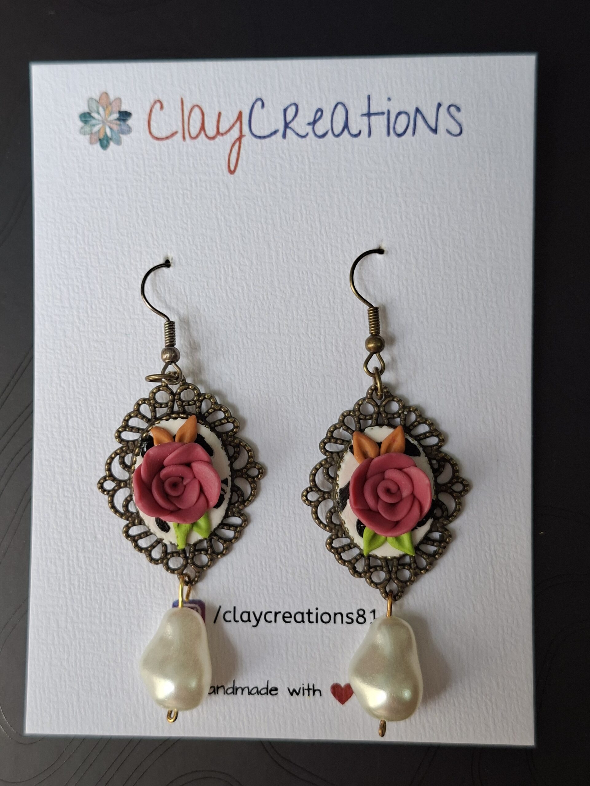 Handmade 3D Pink Rose Cameo Earrings - Vintage Bronze Filigree with Pearl Drops - Image 6