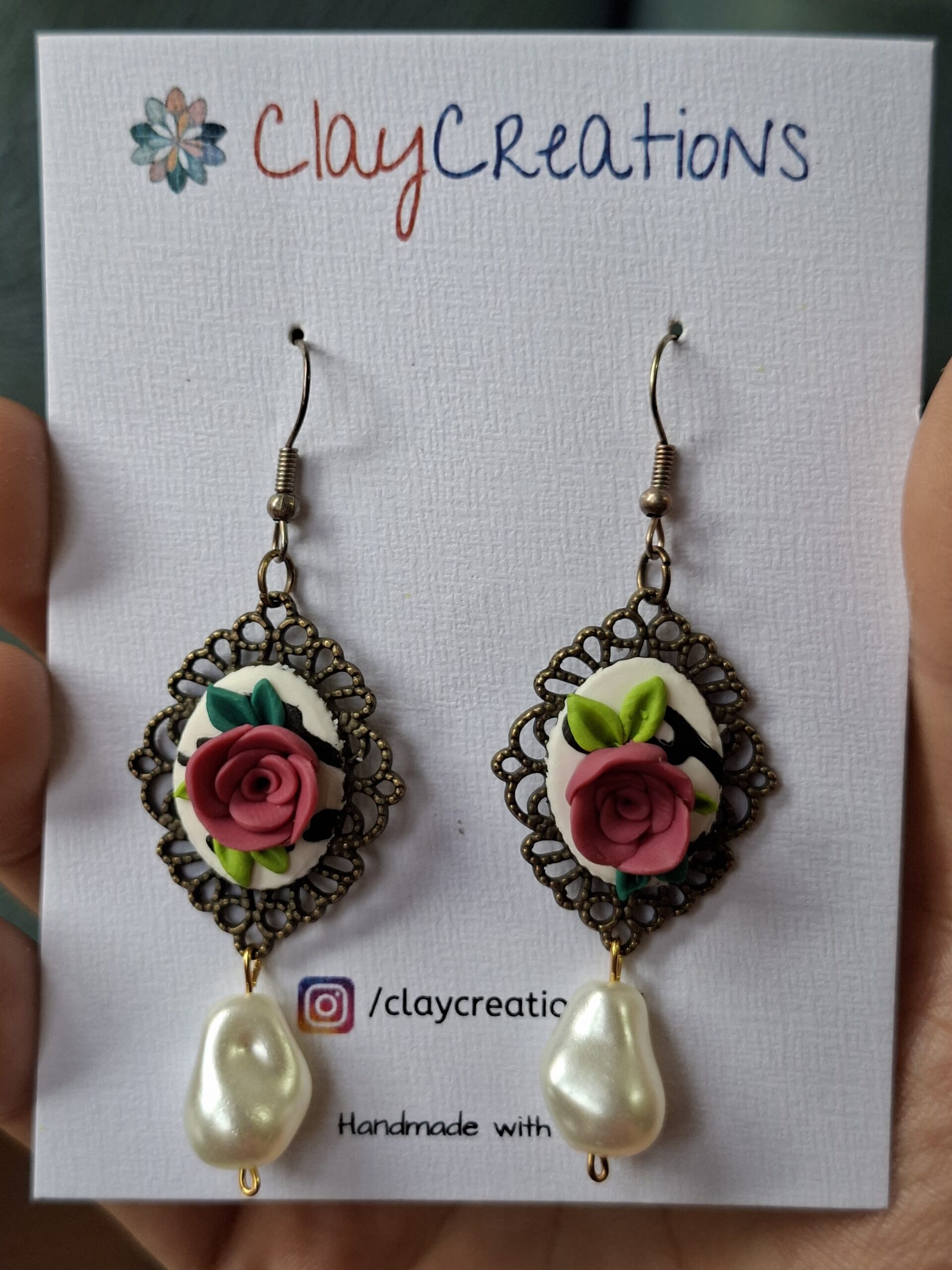 Handmade 3D Pink Rose Cameo Earrings - Vintage Bronze Filigree with Pearl Drops - Image 5