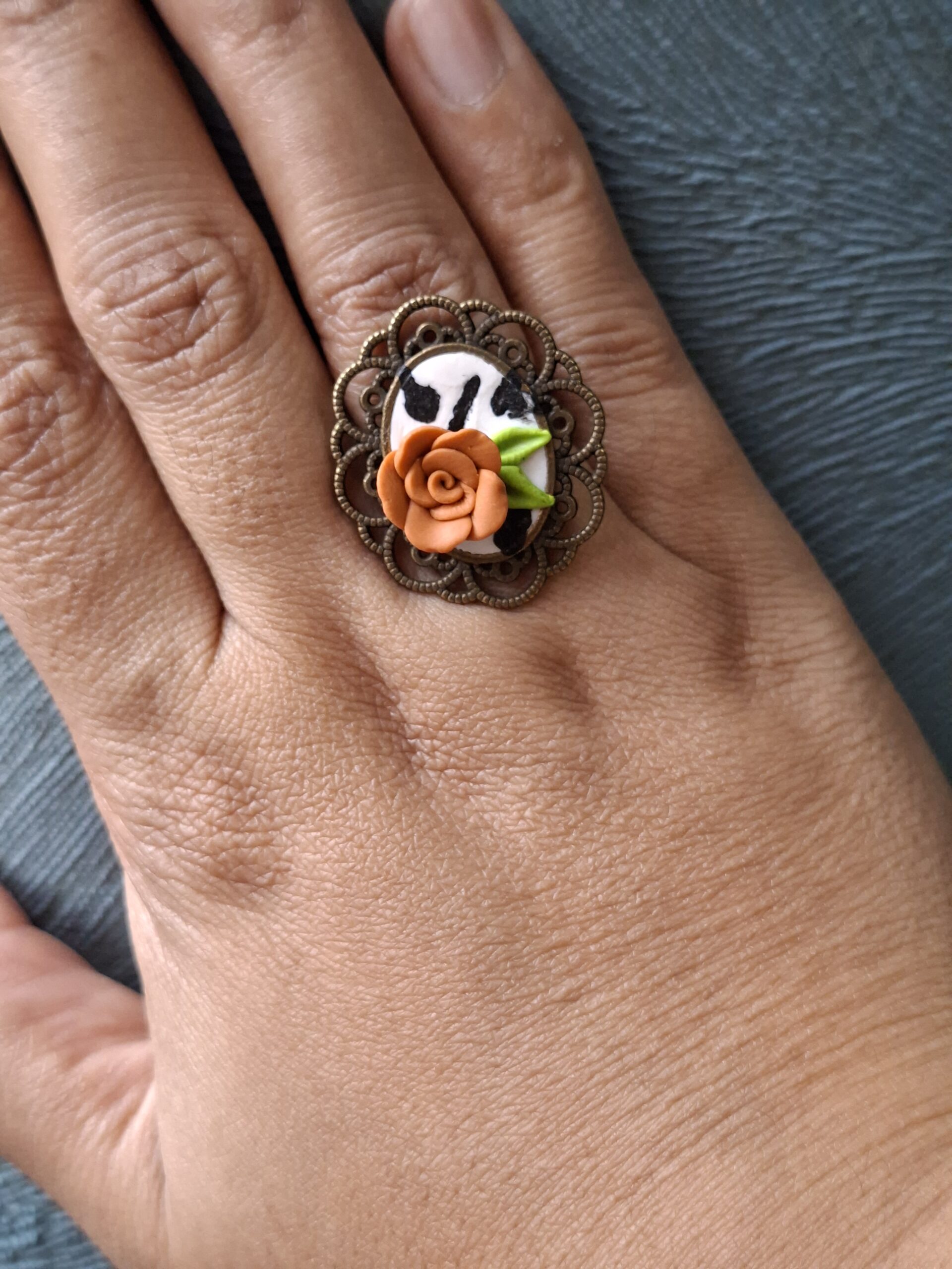 Handmade 3D Terracotta Rose Cameo Ring - Vintage Bronze Filigree - Image 2