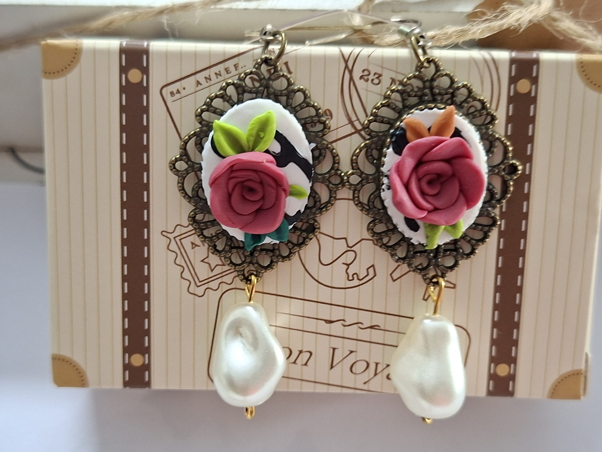 Handmade 3D Pink Rose Cameo Earrings - Vintage Bronze Filigree with Pearl Drops - Image 4