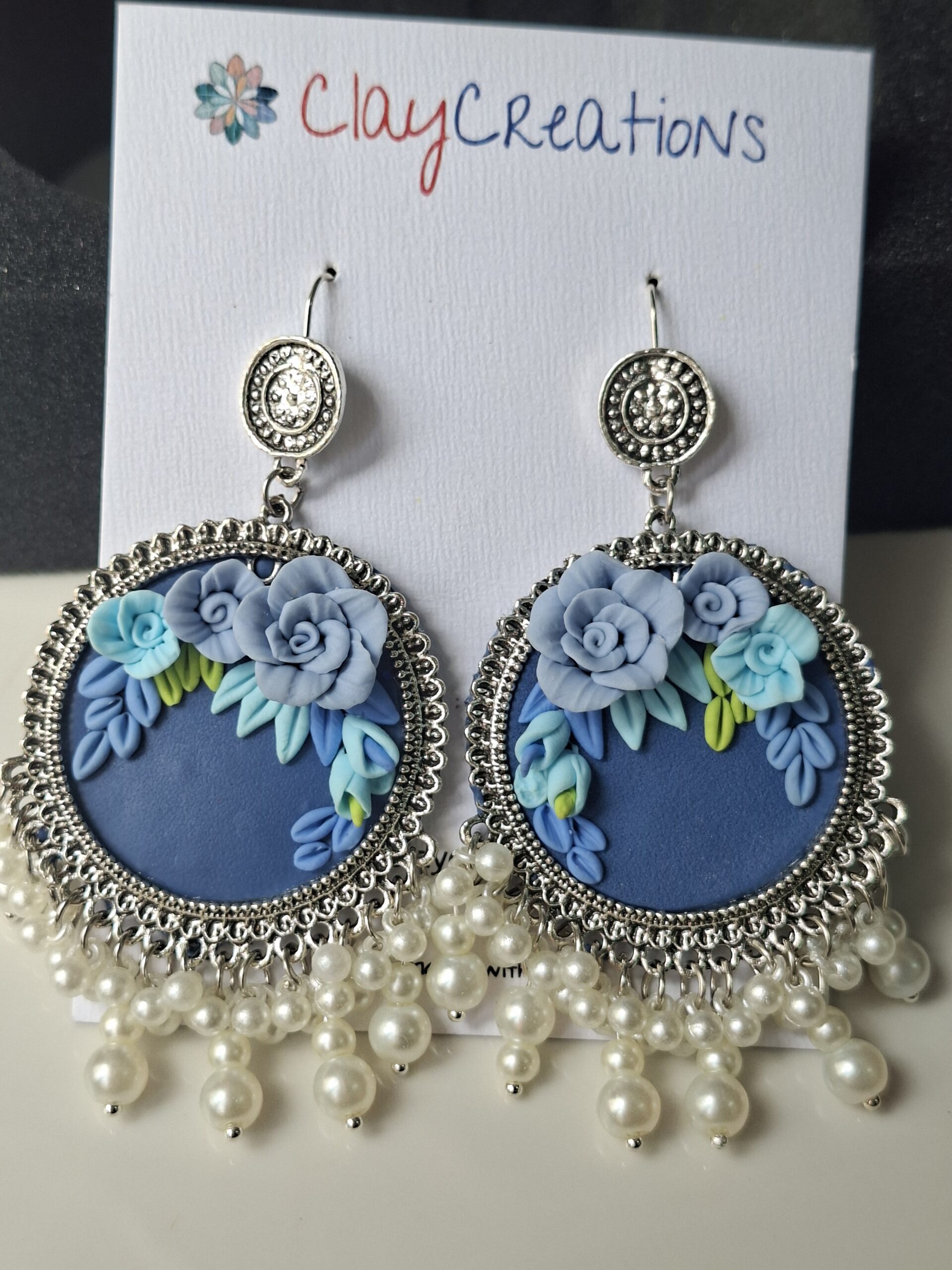 Blue Floral Jhumkas | Silver-Toned Pearl Drop Earrings - Image 5