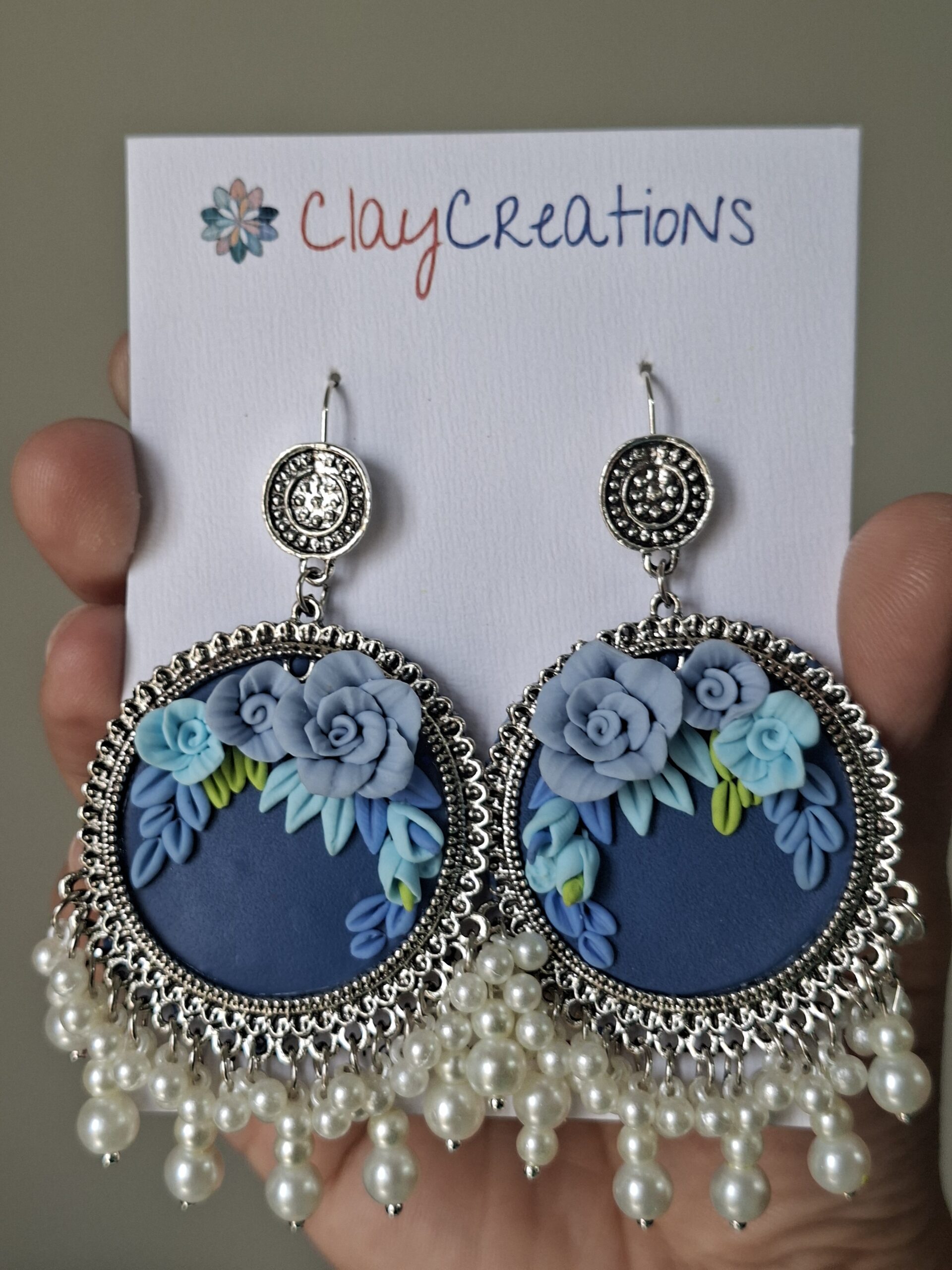 Blue Floral Jhumkas | Silver-Toned Pearl Drop Earrings - Image 4